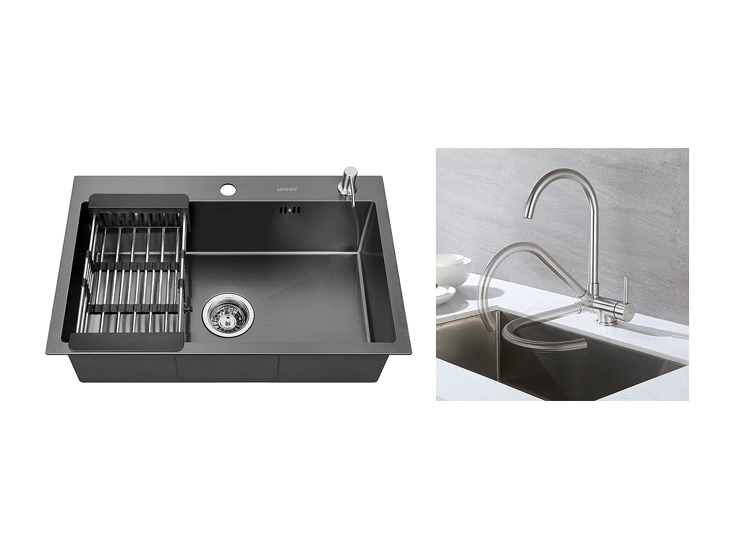 Lonheo Max Lavello Cucina Nero 68x45x19CM con Distributore di sapone e Scolapiatti cestino+Miscelatore Cucinain Acciaio Inox 304 Pieghevole Girevole