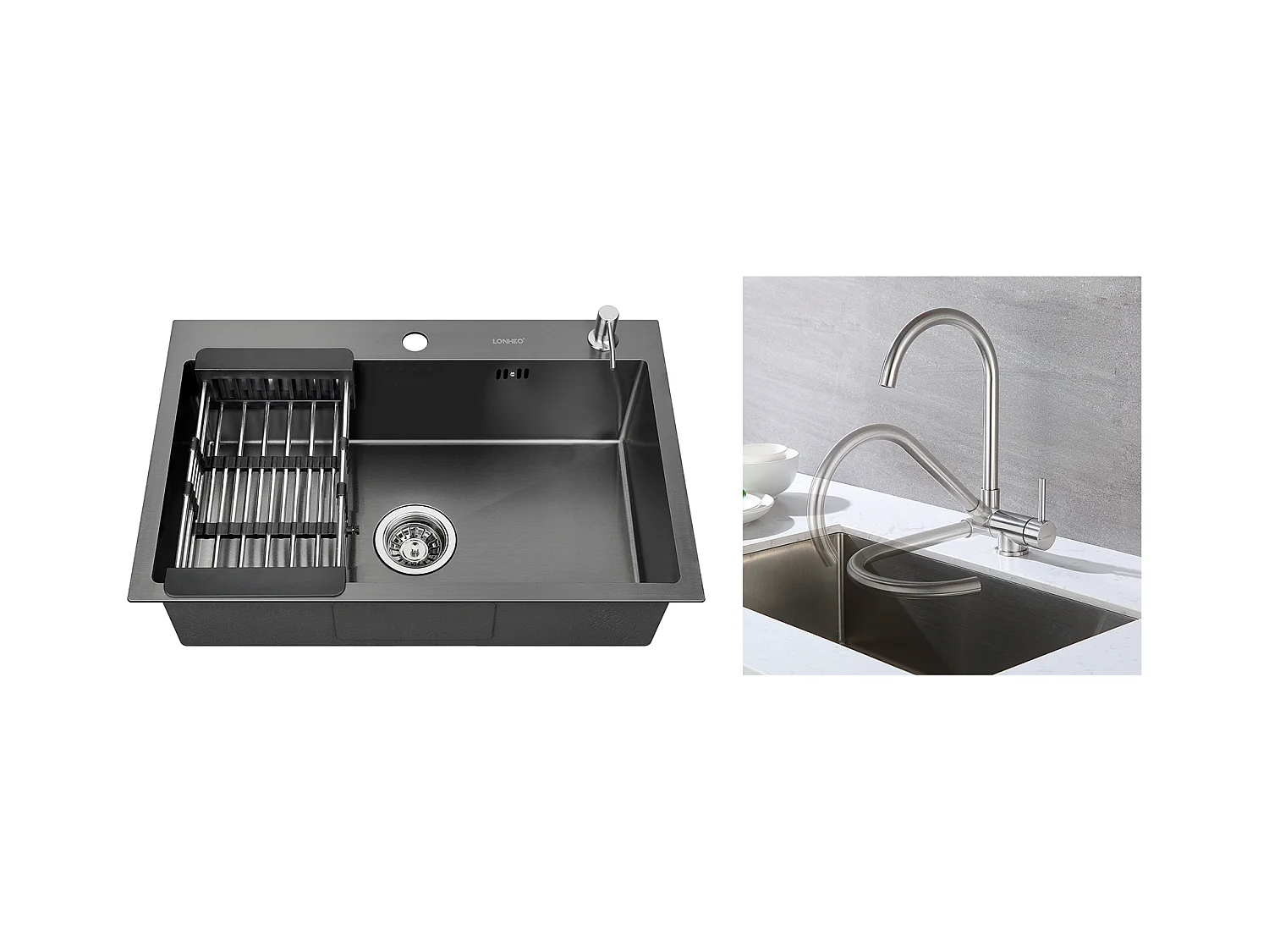Lonheo Max Évier de Cuisine Noir 68x45x19CM avec Distrubuteur de savon et Égouttoir panier +Mitigeur Cuisine en Acier Inox 304 Rabattable Pivotant