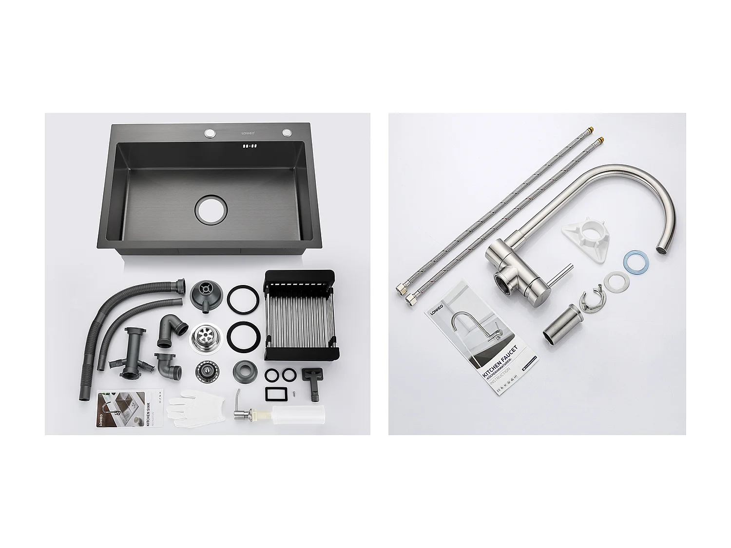Lonheo Max Évier de Cuisine Noir 68x45x19CM avec Distrubuteur de savon et Égouttoir panier +Mitigeur Cuisine en Acier Inox 304 Rabattable Pivotant
