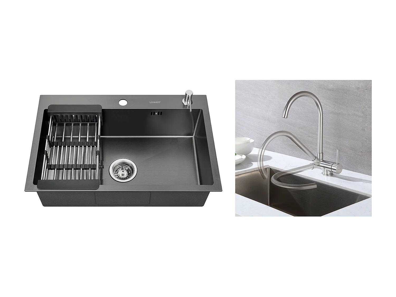 Lonheo Max Évier de Cuisine Noir 68x45x19CM avec Distrubuteur de savon et Égouttoir panier +Mitigeur Cuisine en Acier Inox 304 Rabattable Pivotant