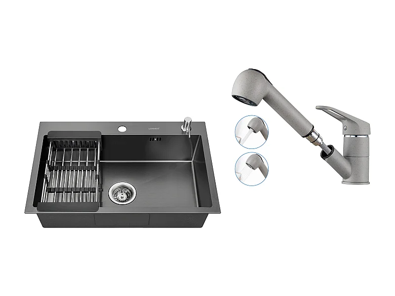 Évier Cuisine Noir 68x45x19CM avec Distrubuteur savon/Égouttoir panier+Robinet Cuisine avec Douchette Extractible 2 Jets,Eau Froide/Chaude,Gris