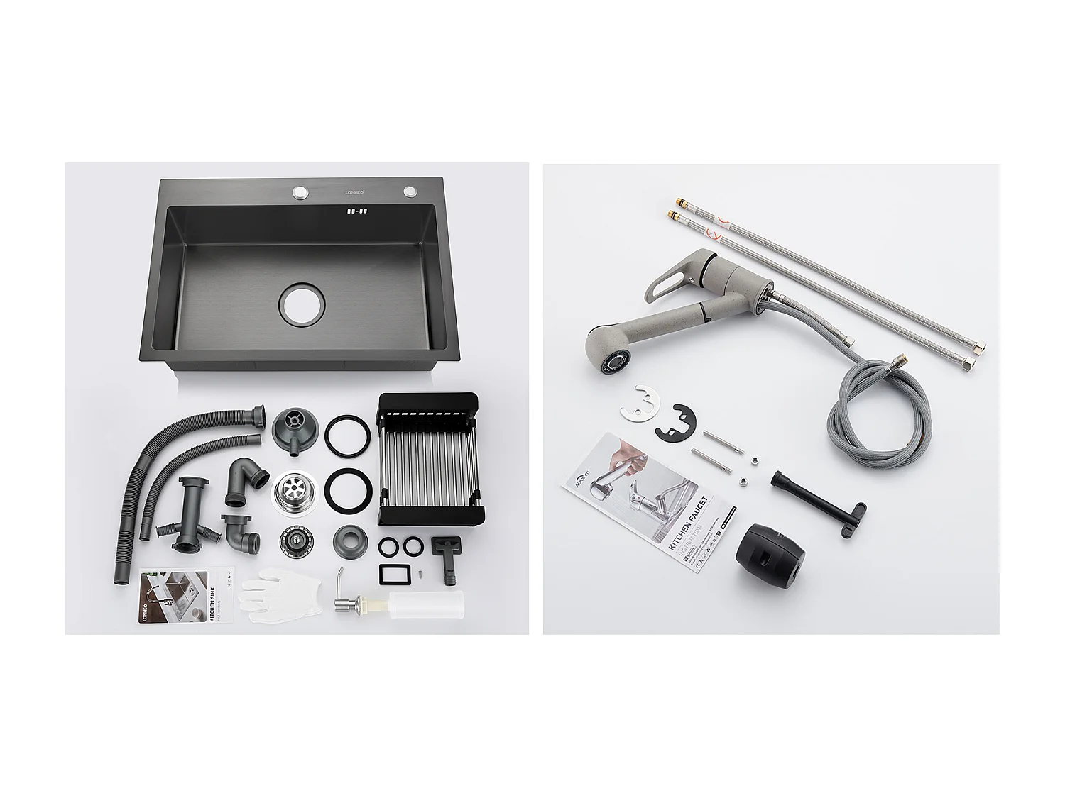 Fregadero Cocina Negro 68x45x19CM con Distributor Jabón/Escurridor Cesta+Grifo Cocina con Ducha Extraíble 2 Jets,Agua Fría/Caliente,Gris