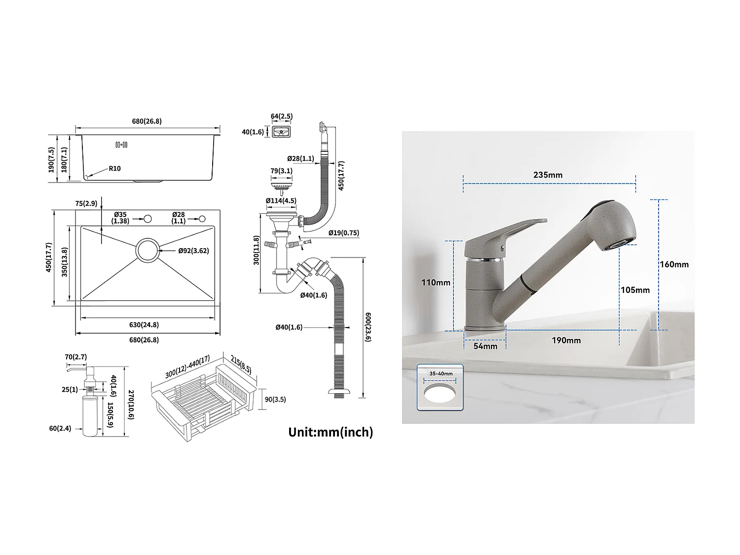 Zwarte aanrecht 68x45x19CM met zeepverdeler/afdruiprekmand + keukenkraan met uittrekbare handdouche 2 stralen, Koud/Warm water, Grijs