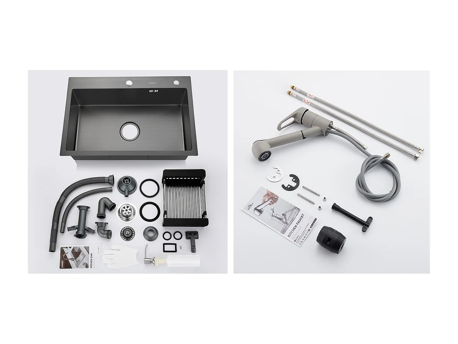 Fregadero Cocina Negro 68x45x19CM con Distributor Jabón/Escurridor Cesta+Grifo Cocina con Ducha Extraíble 2 Jets,Agua Fría/Caliente,Gris