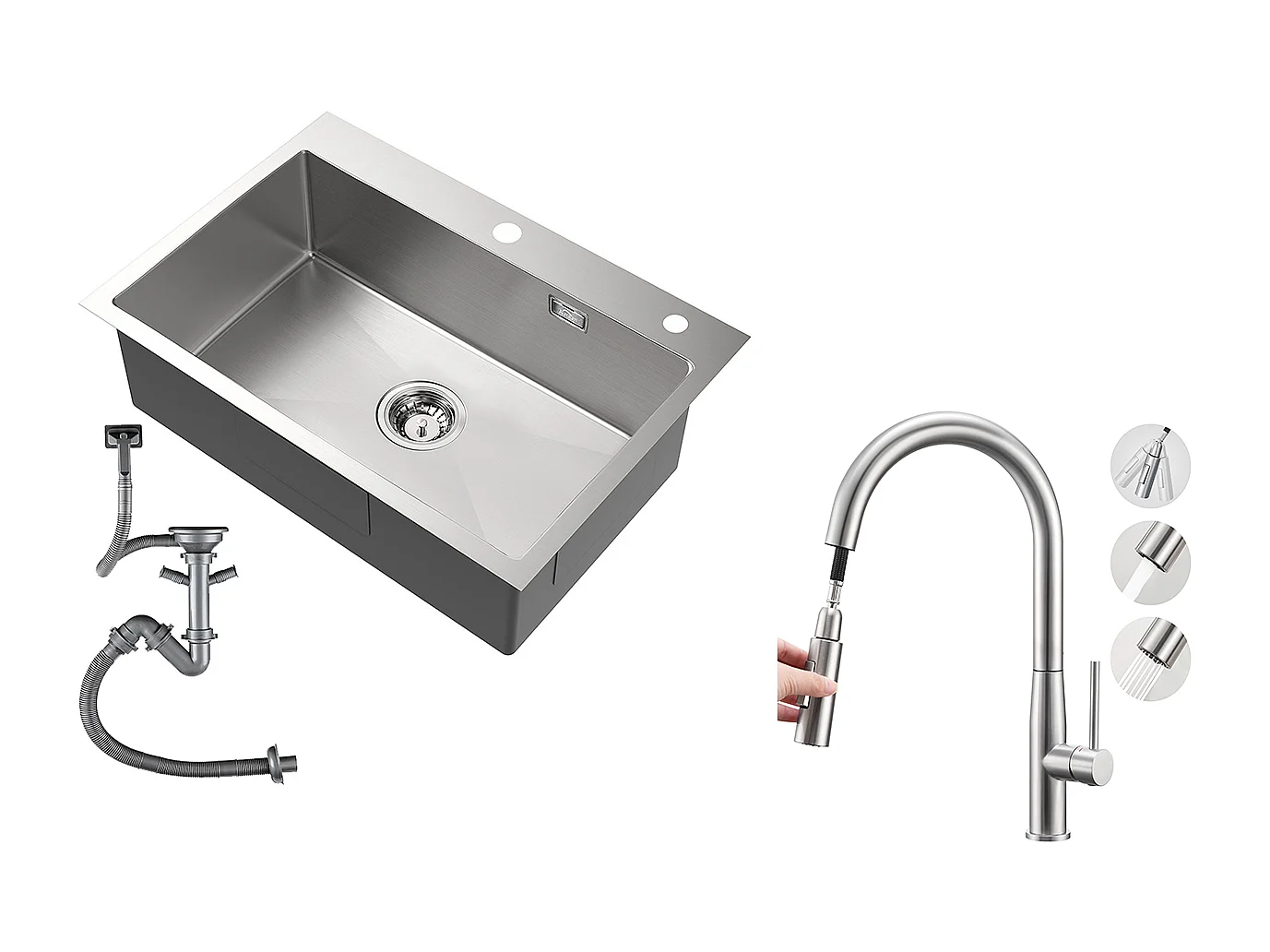 Évier Cuisine 1 Bac Acier Inoxydable Brossé 65x45CM,encastré/à Poser+Mitigeur Cuisine avec Douchette Extractible Rotatif 360°,Brossé