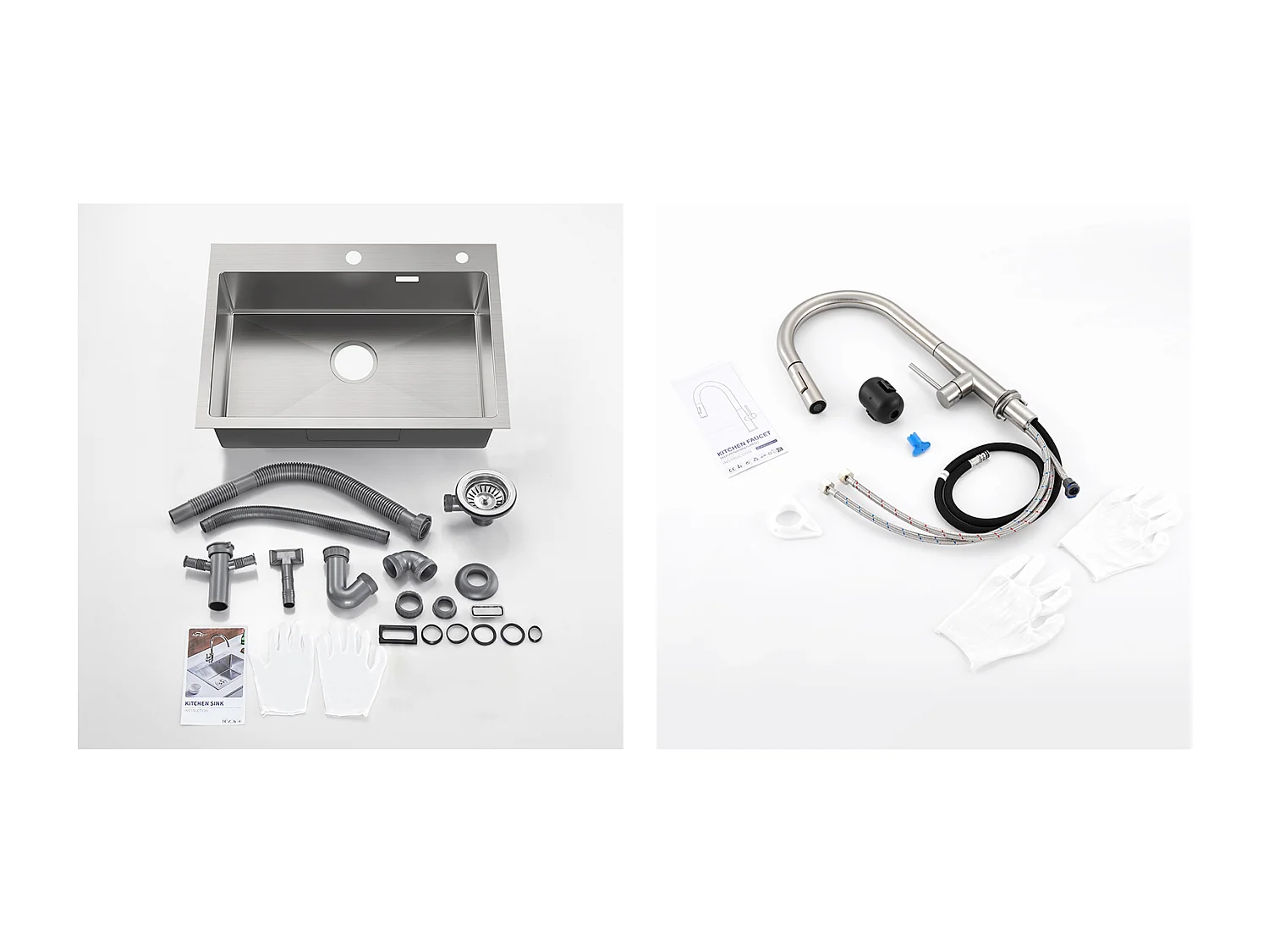 Évier Cuisine 1 Bac Acier Inoxydable Brossé 65x45CM,encastré/à Poser+Mitigeur Cuisine avec Douchette Extractible Rotatif 360°,Brossé