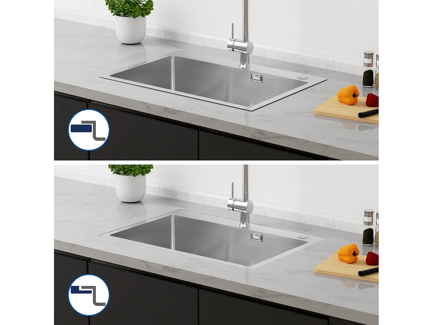 Évier Cuisine 1 Bac Acier Inoxydable Brossé 65x45CM,encastré/à Poser+Mitigeur Cuisine avec Douchette Extractible Rotatif 360°,Brossé