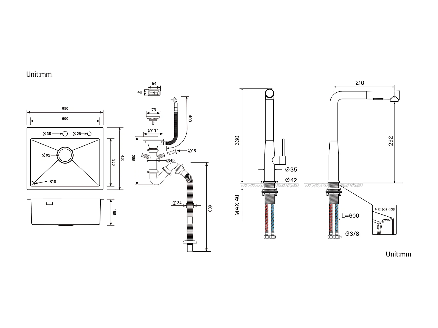 Évier Cuisine 1 Bac Acier Inoxydable Brossé 65x45CM,encastré/à Poser+Mitigeur Cuisine avec Douchette Extractible Rotatif 360°,Brossé