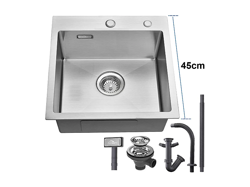 AURALUM MAX  Evier Cuisine 1 Bac 45x45CM,Évier Inox 1 Cuve avec Siphon et Trop-Plein,Évier encastré et à Poser Évier avec Trou de Montage pour Robinet