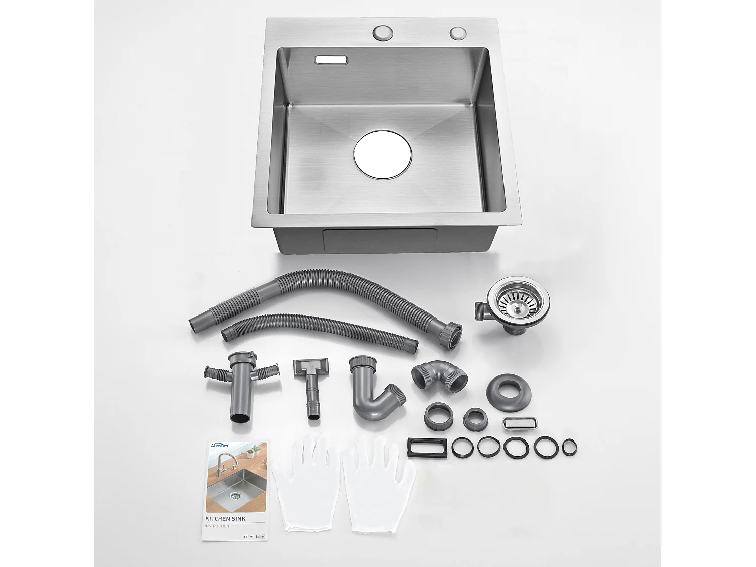 AURALUM MAX  Evier Cuisine 1 Bac 45x45CM,Évier Inox 1 Cuve avec Siphon et Trop-Plein,Évier encastré et à Poser Évier avec Trou de Montage pour Robinet