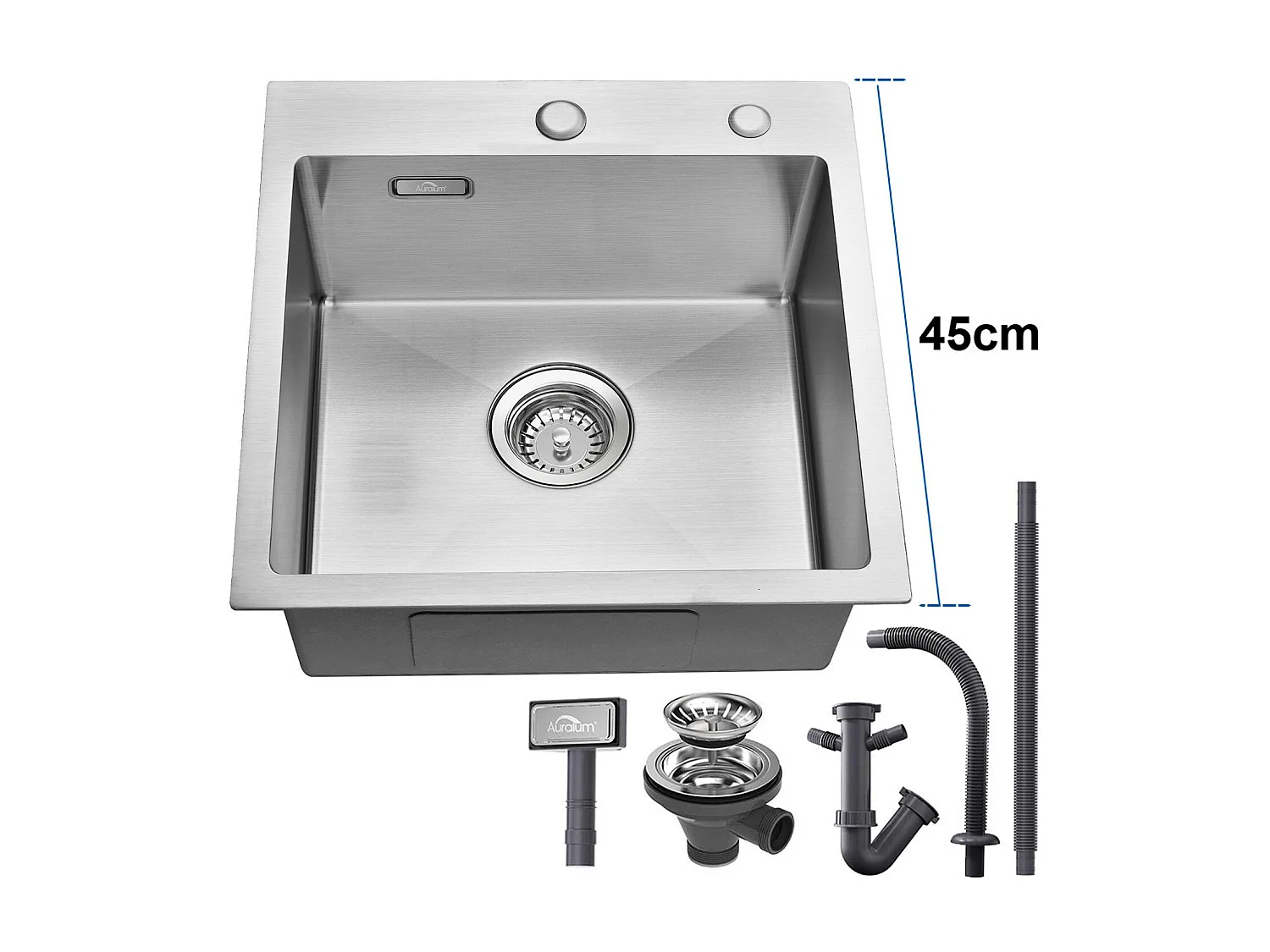 AURALUM MAX  Evier Cuisine 1 Bac 45x45CM,Évier Inox 1 Cuve avec Siphon et Trop-Plein,Évier encastré et à Poser Évier avec Trou de Montage pour Robinet