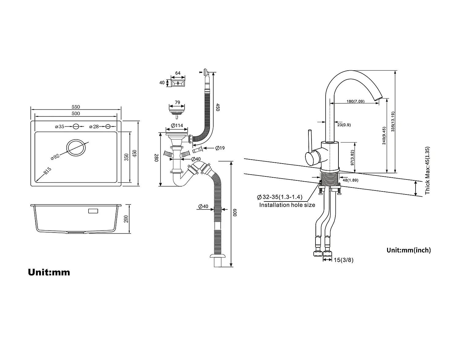 1 Vassoio Lavello Cucina in Granito,55*45*20cm,Kit di Svuotamento,Grigio+Rubinetto Cucina Rotativo 360°Accua Fredda Calda Nera
