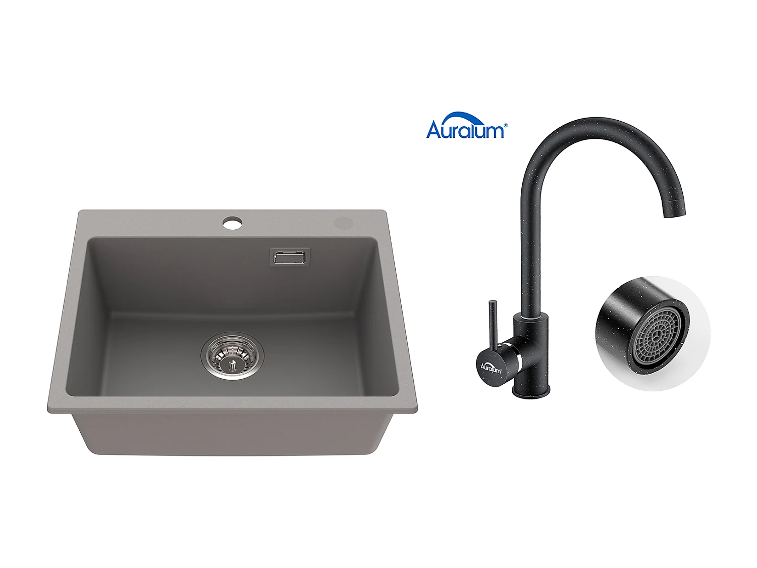 1 Bac Évier Cuisine en Granit,55*45*20cm,Kit de Vidage,Gris+Robinet Cuisine Rotatif 360°Eau Froide Chaude Noir avec points blancs