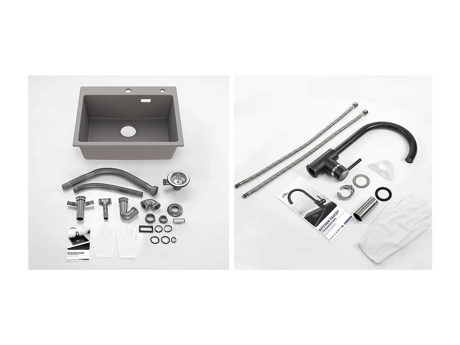 1 Bac Évier Cuisine en Granit,55*45*20cm,Kit de Vidage,Gris+Robinet Cuisine Rotatif 360°Eau Froide Chaude Noir avec points blancs