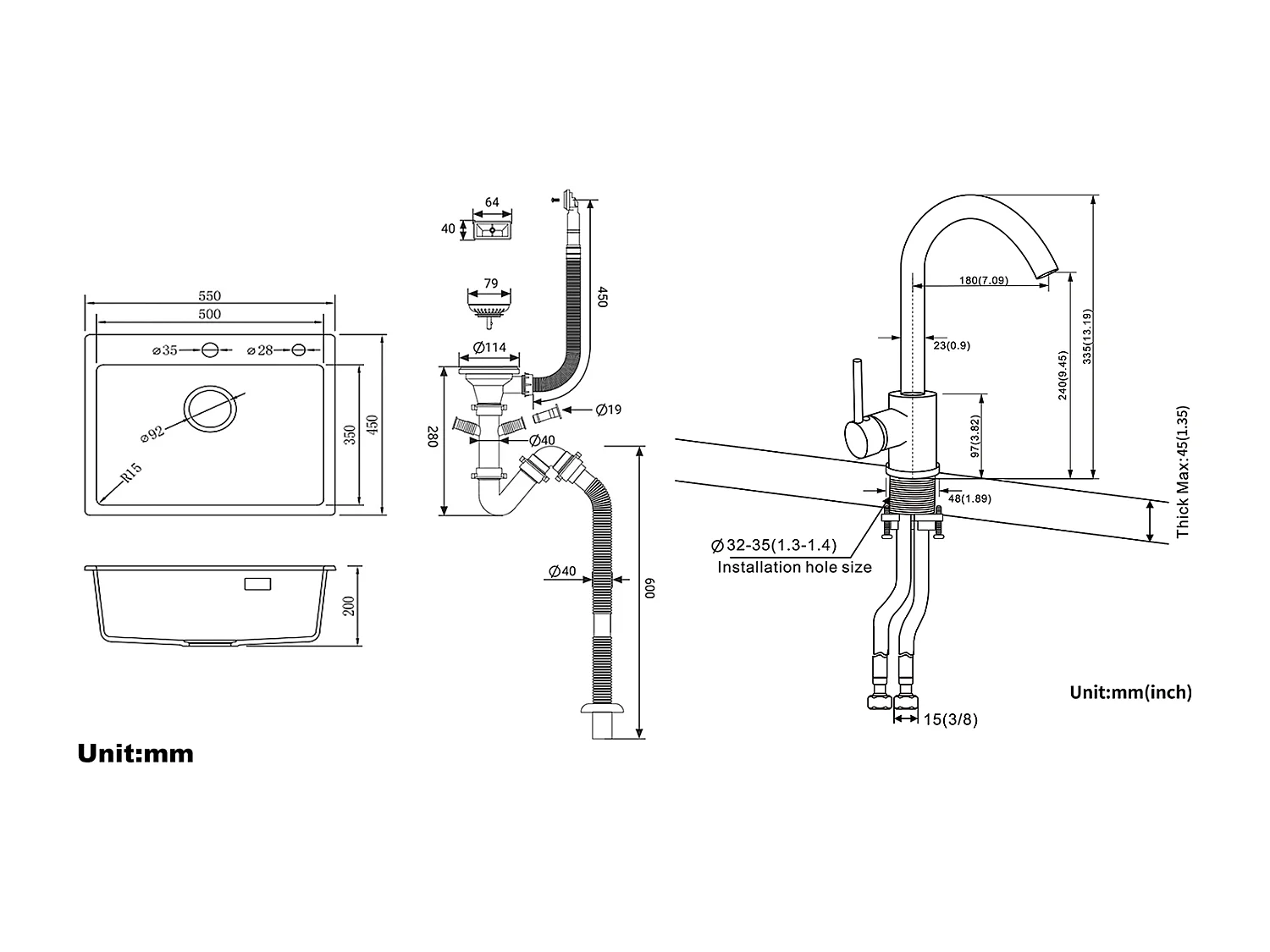 1 Granieten gootsteen,55*45*20cm,Afvoerset,Grijs+Roterende Keukenkraan 360° Koud Warm Water Zwart met witte stippen