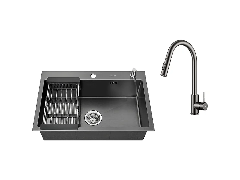 2 en 1 Évier de Cuisine Noir 68x45x19CM avec Distrubuteur de savon et Égouttoir panier +Robinet Cuisine Douchette Extractible Gris Foncé