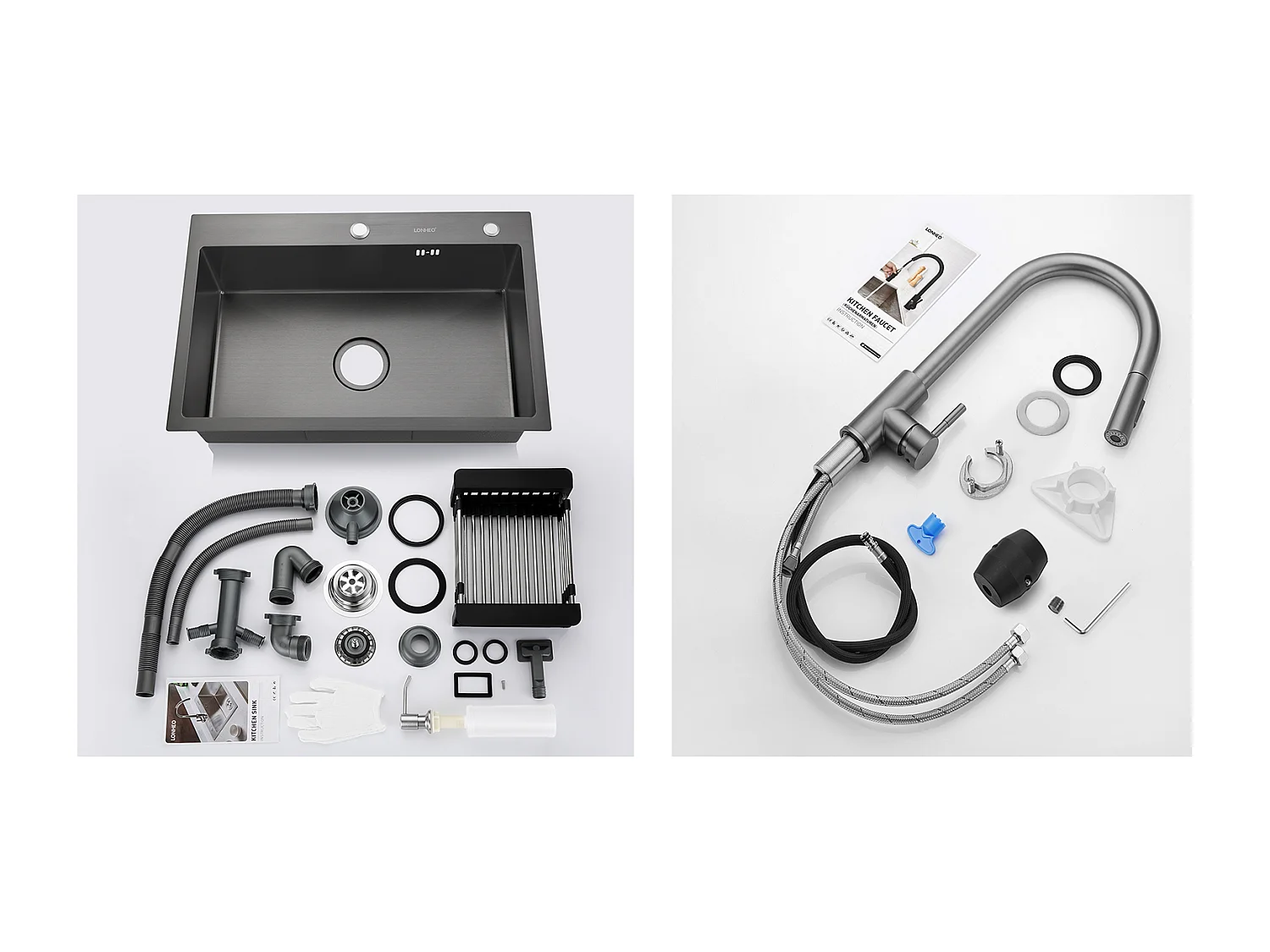 2-in-1 Küchenspüle, schwarz, 68 x 45 x 19 cm, mit Seifenspender und Abtropfkorb + Küchenarmatur, ausziehbarer Brause, dunkelgrau