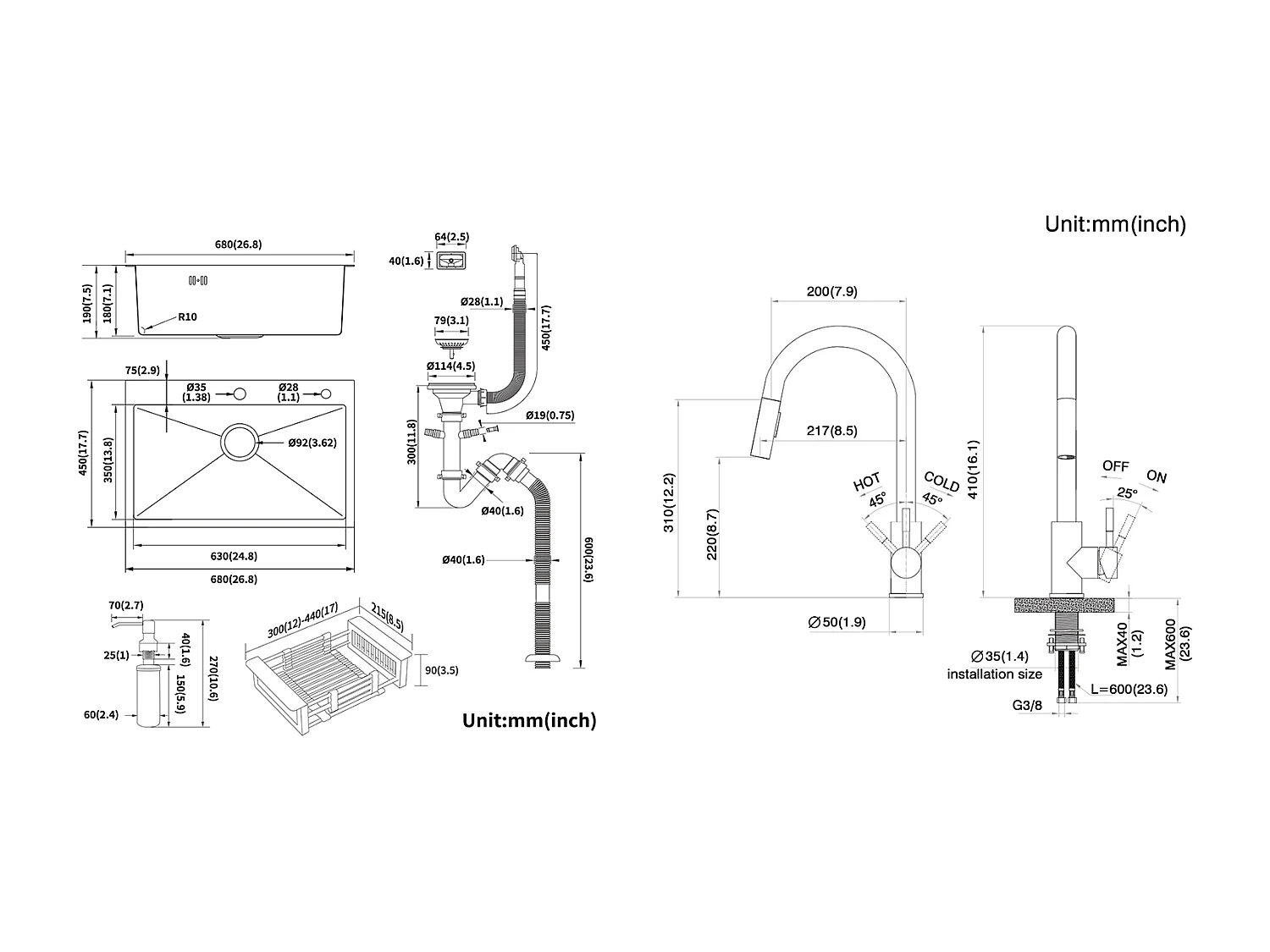 2 en 1 Évier de Cuisine Noir 68x45x19CM avec Distrubuteur de savon et Égouttoir panier +Robinet Cuisine Douchette Extractible Gris Foncé