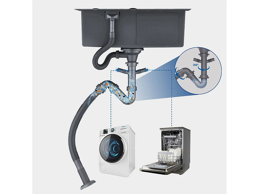 2 en 1 Évier de Cuisine Noir 68x45x19CM avec Distrubuteur de savon et Égouttoir panier +Robinet Cuisine Douchette Extractible Gris Foncé