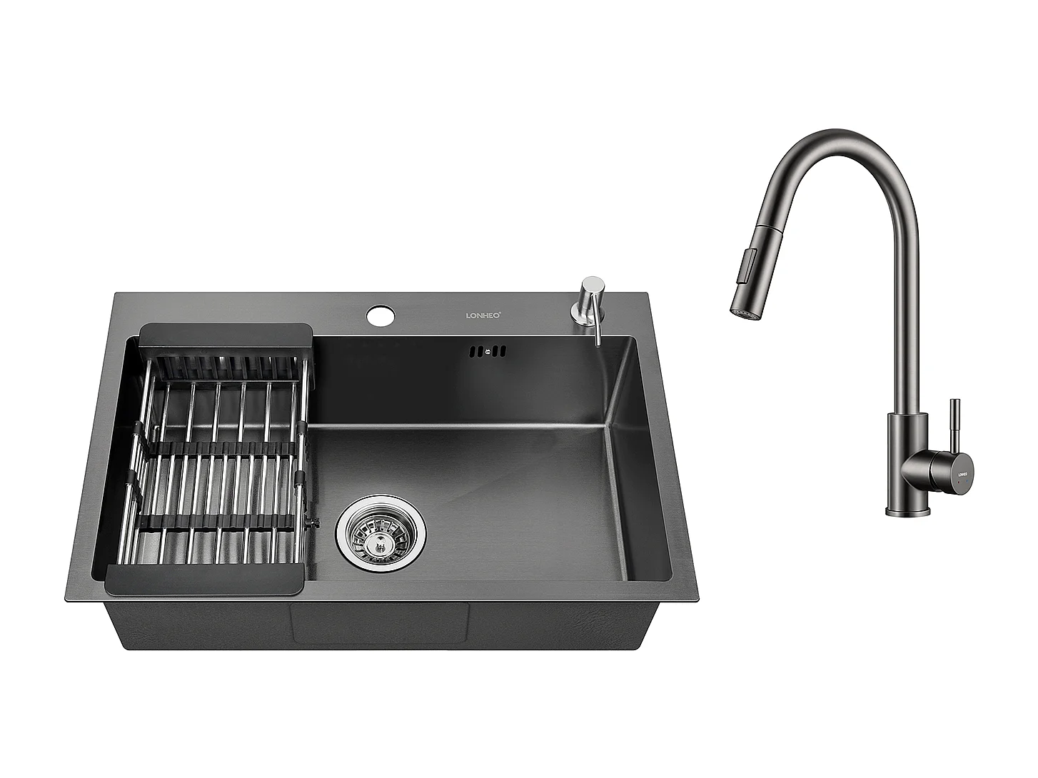 2 en 1 Évier de Cuisine Noir 68x45x19CM avec Distrubuteur de savon et Égouttoir panier +Robinet Cuisine Douchette Extractible Gris Foncé