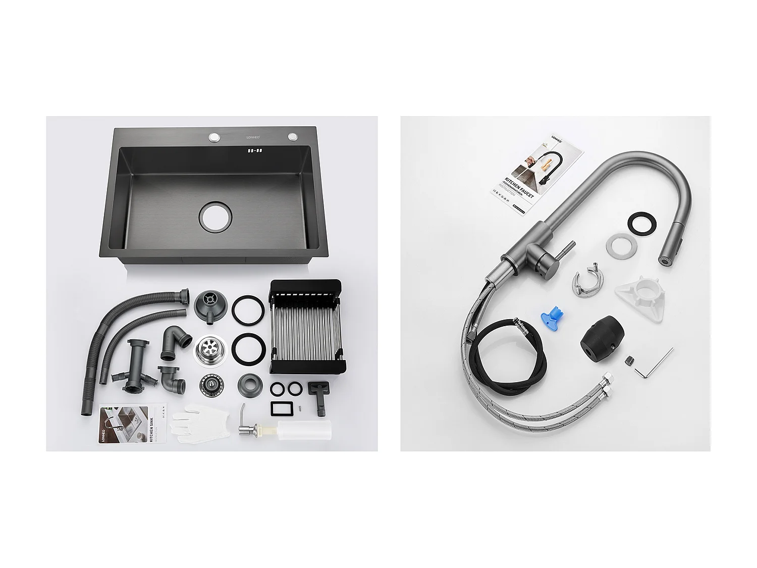 2 en 1 Évier de Cuisine Noir 68x45x19CM avec Distrubuteur de savon et Égouttoir panier +Robinet Cuisine Douchette Extractible Gris Foncé