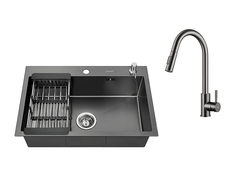 2 in 1 aanrechtZwart 68x45x19CM met Zeepdispenser en Afdruiprek Mand + Keukenkraan Uittrekbare Handdouche Donkergrijs