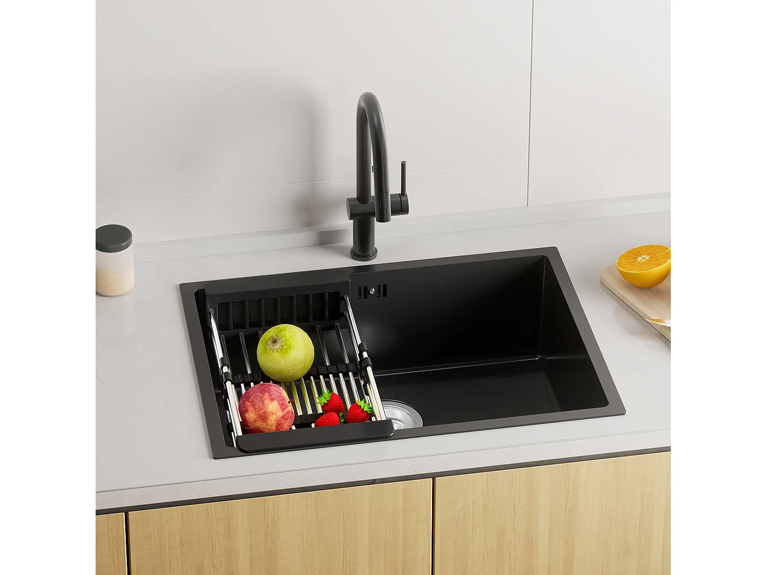 60 * 44 * 20 cm Einzelbecken-Küchenspüle, Edelstahl 304, Einbau-/Unterbauspüle mit Abtropfkorb, schwarz + Feder-Küchenarmatur mit ausziehbarem Sprühkopf, 2 Modi