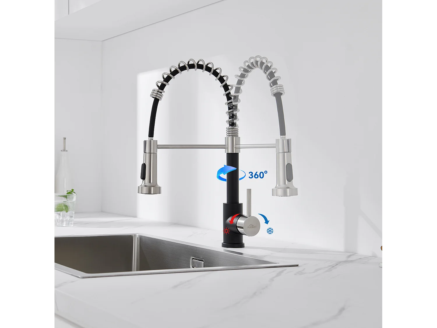 Évier Cuisine 1 Bac 60*44*20CM,inox 304,à Encastrer/sous-plan avec Panier Drainage,Noir+Robinet Cuisine Ressort avec Douchette Extensible,2 Modes