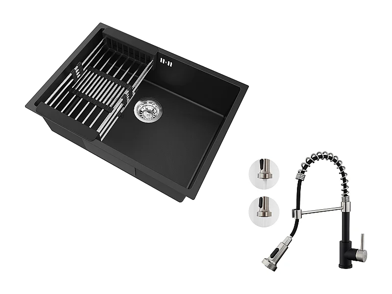 Lavello Cucina 1 Vassoio 60*44*20CM,inox 304,Incasso/sottopiano Con Cesto drenaggio,nero+rubinetto cucina a molla con doccetta estensibile,2 modalità