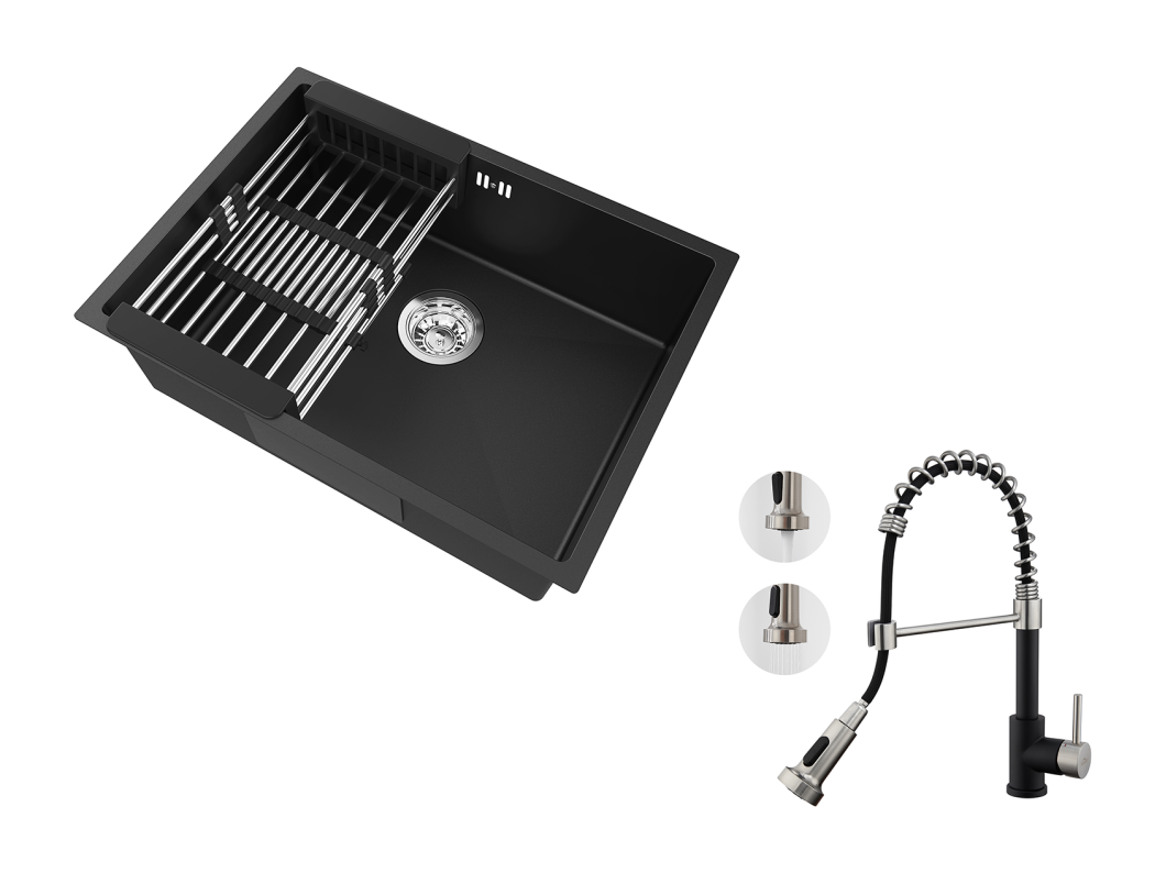 Aanrecht Keuken 1 Bak 60*44*20CM, roestvrij stvs 304, inbouw/onderkast met PanAfvoer,Zwart+Veren Keukenkraan met Uitschuifbare Handdouche,2 Modi