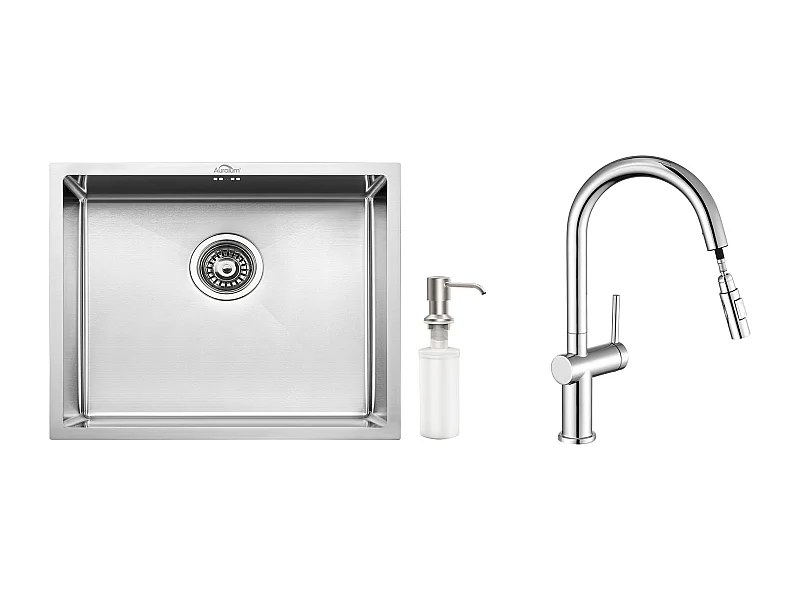 50 * 43 * 18 cm Einzelbecken Edelstahl-Küchenspüle mit Seifenspender + ausziehbarem Küchenhahn mit zwei Funktionen, Chrom