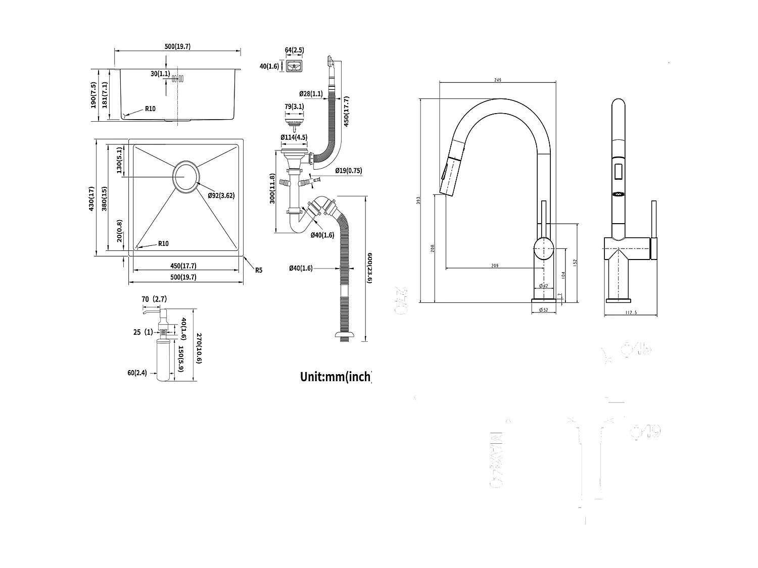 Évier de Cuisine Inox 1 Bac 50*43*18CM avec Distributeur de Savon+robinet de cuisine rétractable à deux fonctions, chromé