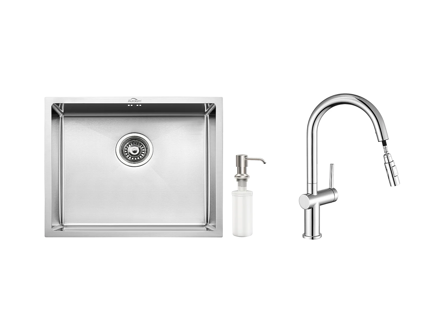 Évier de Cuisine Inox 1 Bac 50*43*18CM avec Distributeur de Savon+robinet de cuisine rétractable à deux fonctions, chromé