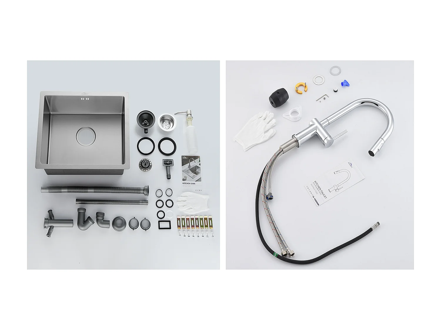 Fregadero de Cocina Inox 1 Bandeja 50*43*18CM con Dispensador de Jabón+Rifo de cocina retráctil de dos funciones, cromado