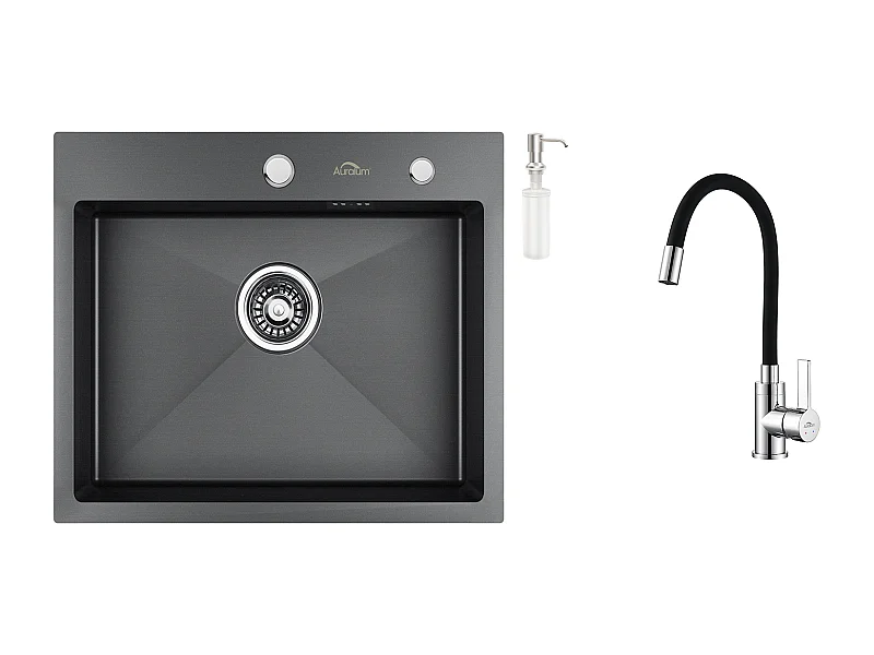 Évier Cuisine 1 Bac 55*45CM Noir+Robinet de Cuisine Flexible Bec Haut Orientable