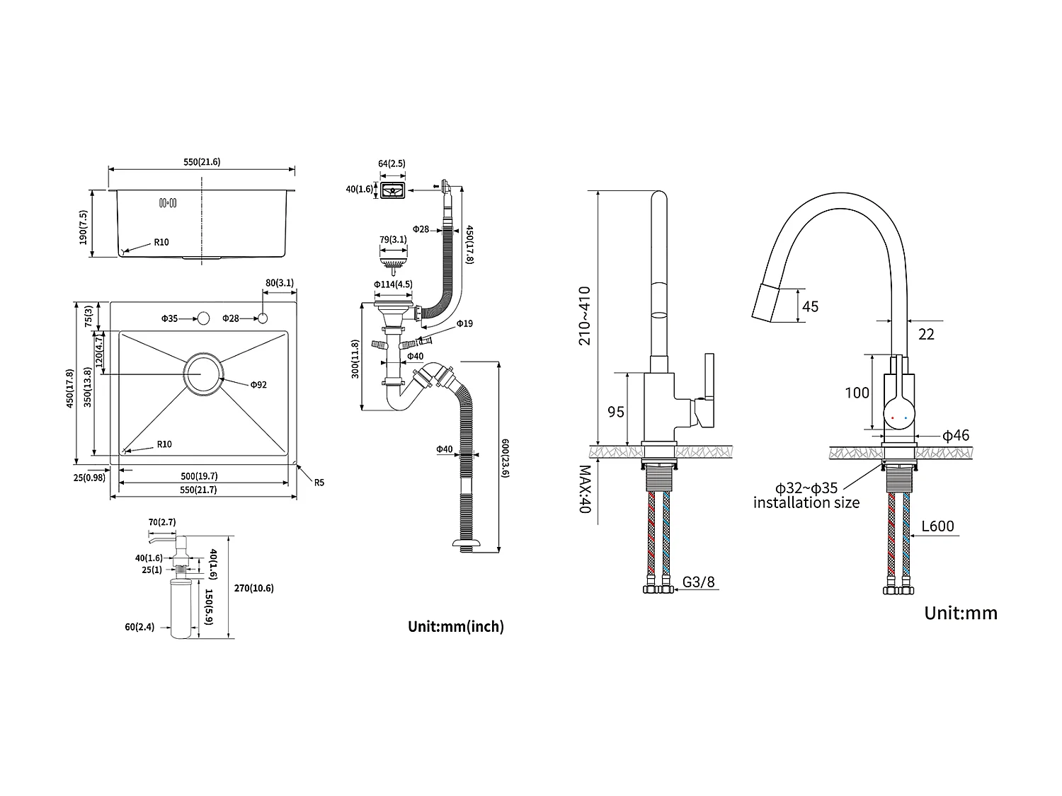 Aanrecht 1 Bak 55*45CM Zwart+Flexibele Keukenkraan Hoge Uitloop Draaibaar