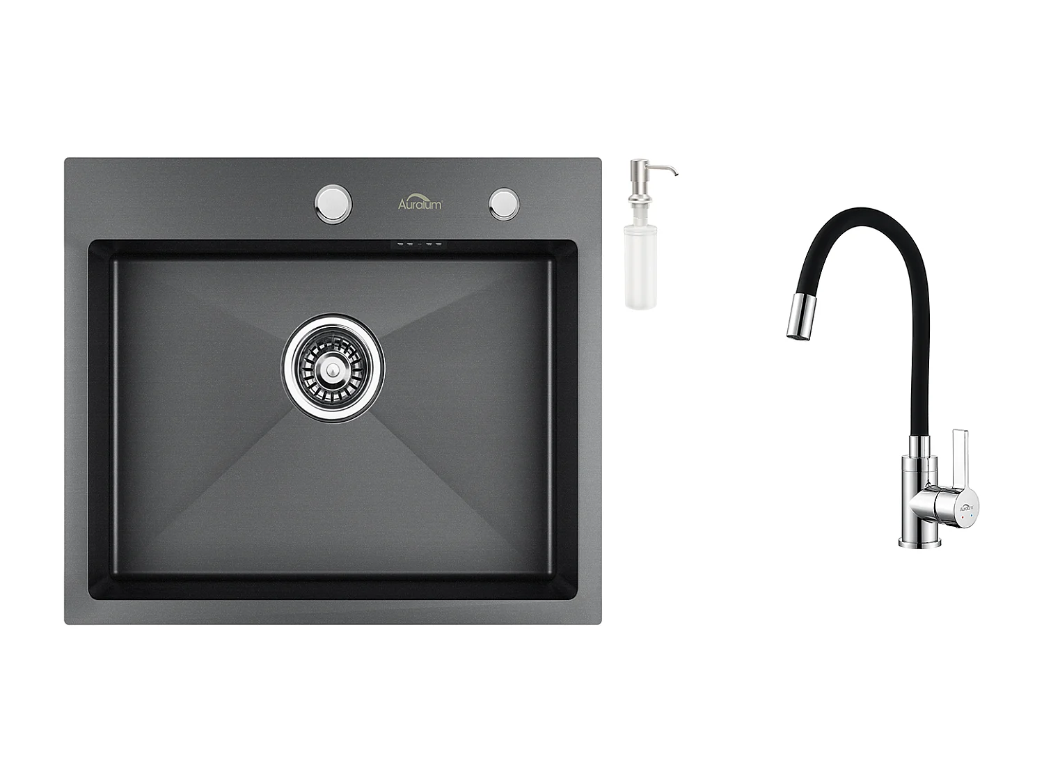   Évier Cuisine 1 Bac 55*45CM Noir+Robinet de Cuisine Flexible Bec Haut Orientable