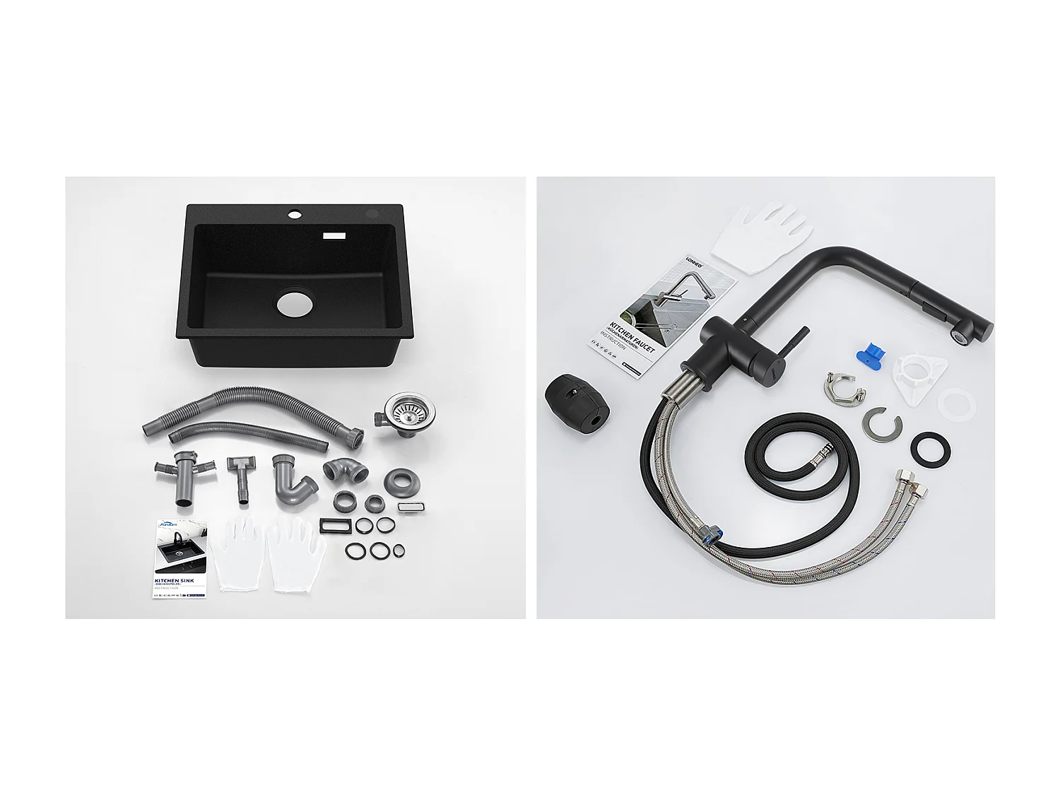 1 Bac Évier Cuisine en Granit,55*45*20cm,Kit de Vidage,Noir+Robinet de Cuisine Noir Douchette Extractible à 2 Jets