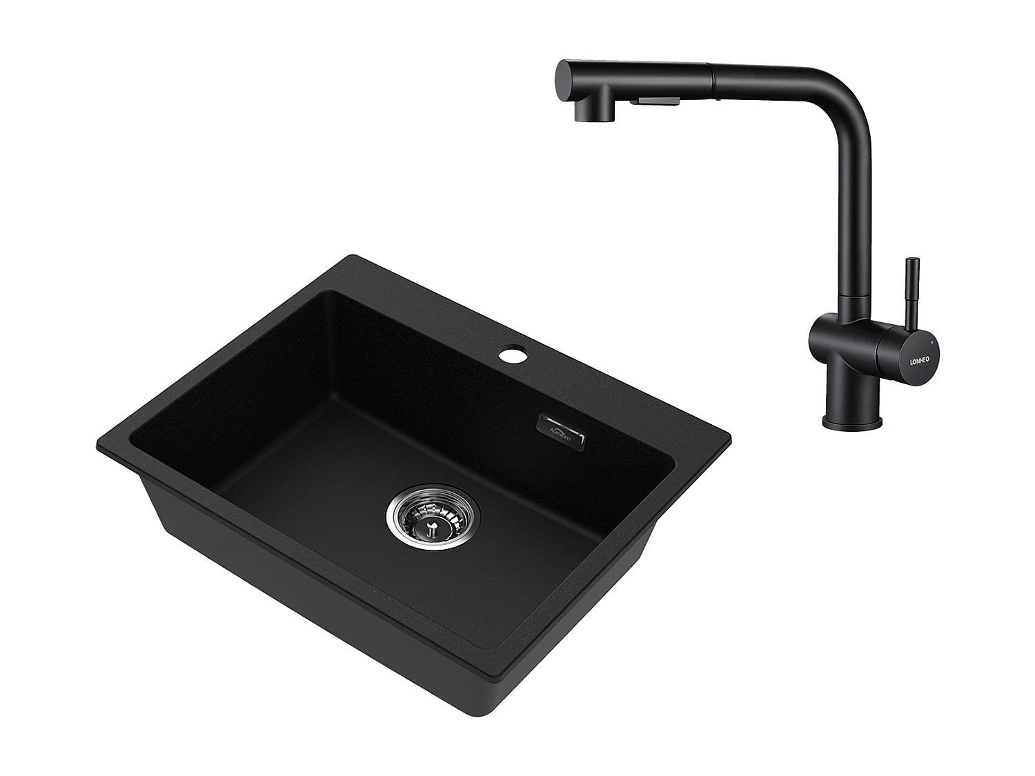 1 Granieten Aanrecht,55*45*20cm,Afvoerset,Zwart+Zwart Keukenkraan Uittrekbare Handdouche met 2 Stralers