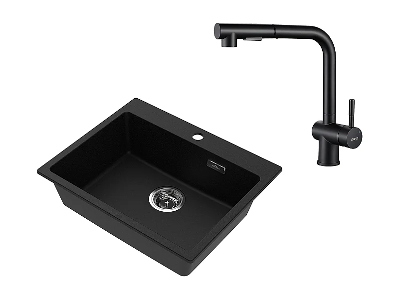 1 Bac Évier Cuisine en Granit,55*45*20cm,Kit de Vidage,Noir+Robinet de Cuisine Noir Douchette Extractible à 2 Jets