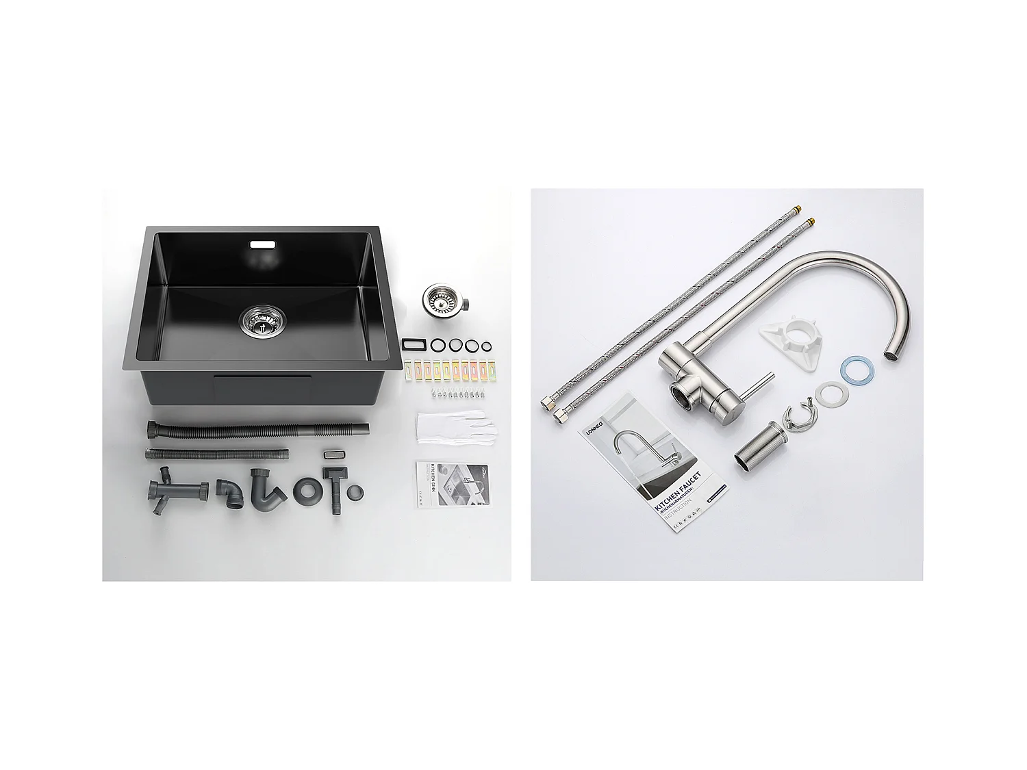 2 en1 Évier de Cuisine 1 Bac 55*44*19CM, à Encastrer/Fleur/ Sous-Plan, Noir +Mitigeur Cuisine en Acier Inox 304 Rabattable Pivotant à 360°