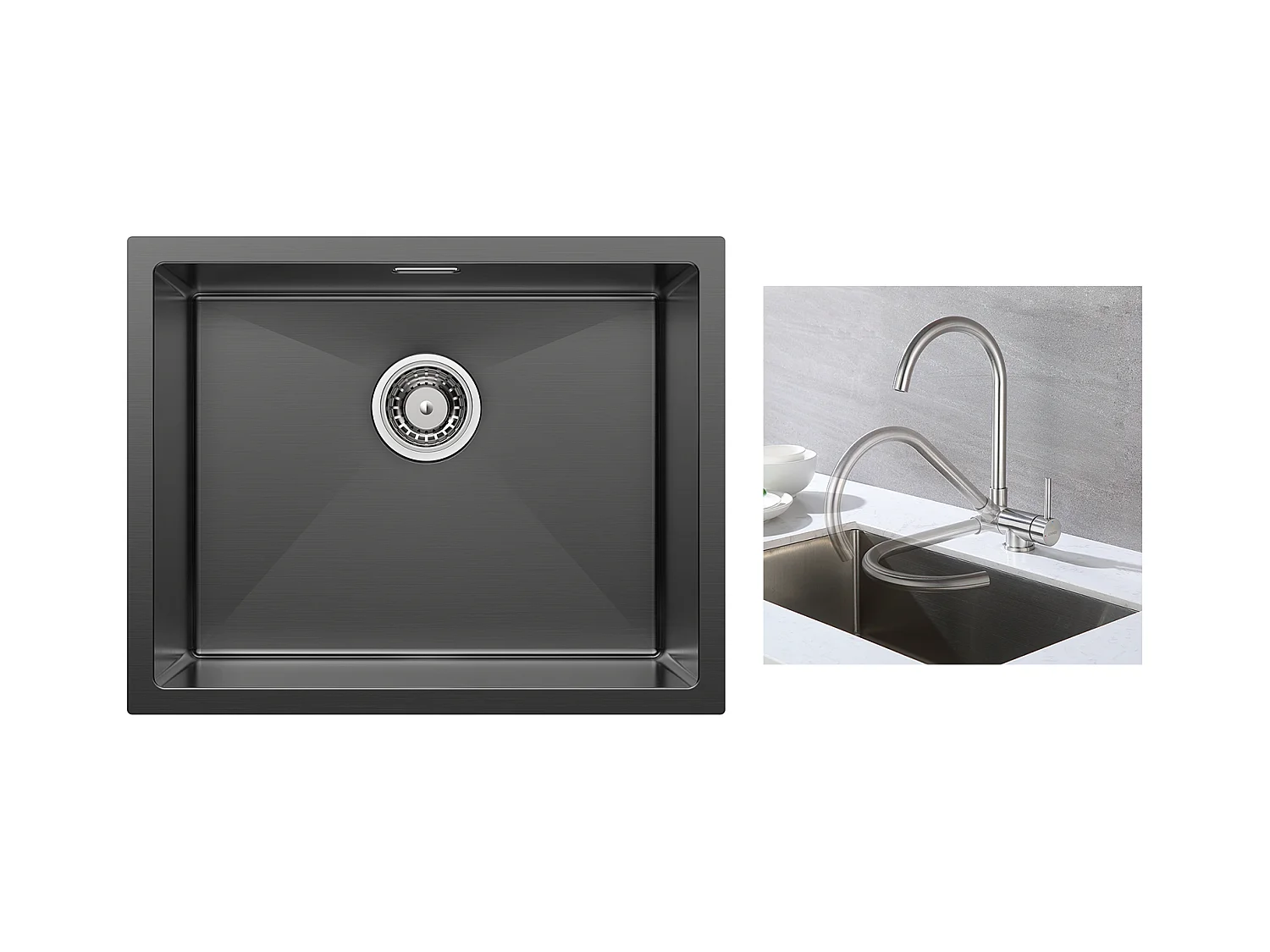 2 en1 Évier de Cuisine 1 Bac 55*44*19CM, à Encastrer/Fleur/ Sous-Plan, Noir +Mitigeur Cuisine en Acier Inox 304 Rabattable Pivotant à 360°