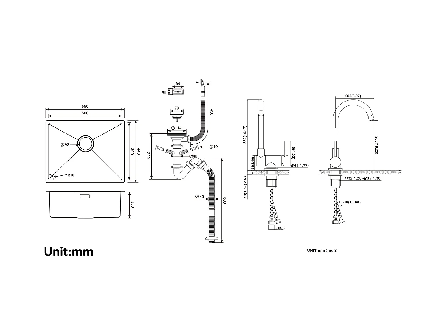 2 en1 Évier de Cuisine 1 Bac 55*44*19CM, à Encastrer/Fleur/ Sous-Plan, Noir +Mitigeur Cuisine en Acier Inox 304 Rabattable Pivotant à 360°