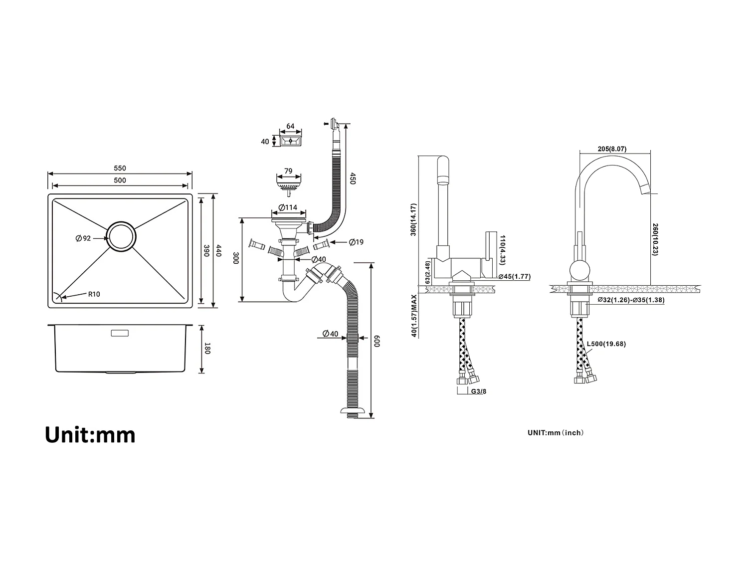 2 en1 Évier de Cuisine 1 Bac 55*44*19CM, à Encastrer/Fleur/ Sous-Plan, Noir +Mitigeur Cuisine en Acier Inox 304 Rabattable Pivotant à 360°