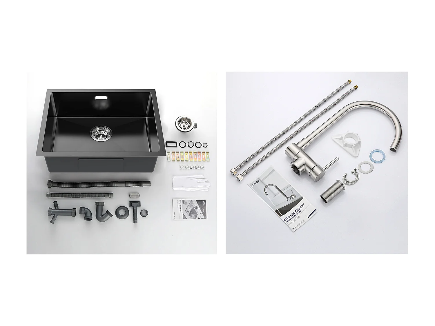 2 en1 Évier de Cuisine 1 Bac 55*44*19CM, à Encastrer/Fleur/ Sous-Plan, Noir +Mitigeur Cuisine en Acier Inox 304 Rabattable Pivotant à 360°