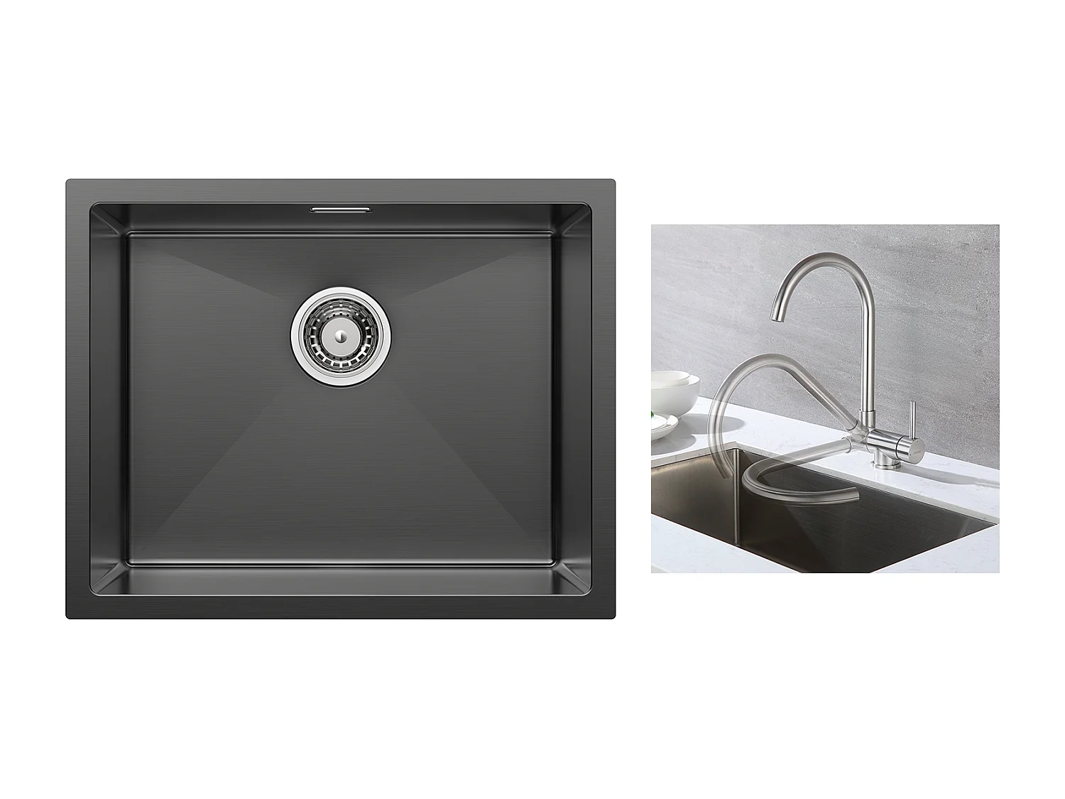 Fregadero de Cocina 1 Bandeja 55*44*19CM, Empotrable/Flor/ Sub-Plan, Negro +Mezclador Cocina de Acero Inoxidable 304 Plegable Girante 360°