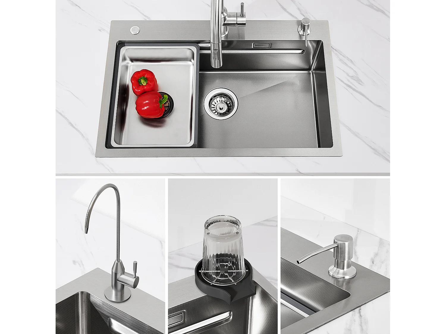 Cecipa max 1 wastafel, 70 x 45 cm, zilverkleurige roestvrijstalen spoelbak met afdruiprek + wastafel + zeepdispenser (bovenmontage/vlakmontage), EU-model