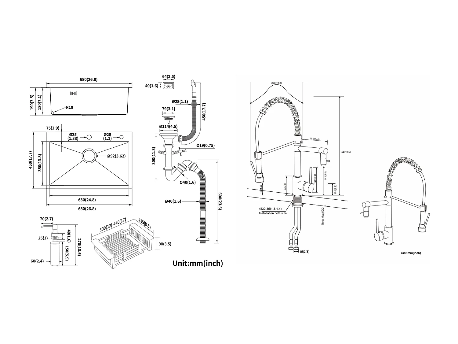 2 in 1 Lavello da Cucina Nero 68x45x19CM con Distributore di sapone e Scolapiatti cestino+Rubinetto Cucina Doccia Estraibile