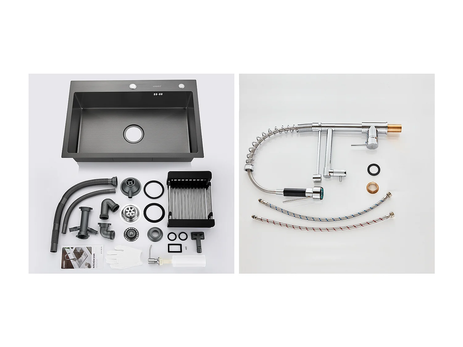 2 en 1 Évier de Cuisine Noir 68x45x19CM avec Distrubuteur de savon et Égouttoir panier+Robinet Cuisine Douchette Extractible