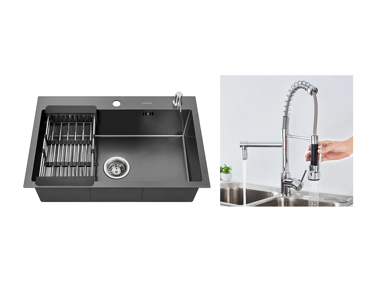 2 en 1 Évier de Cuisine Noir 68x45x19CM avec Distrubuteur de savon et Égouttoir panier+Robinet Cuisine Douchette Extractible